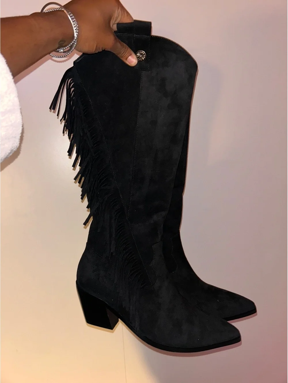 Black Suede Fringe Mid-Calf Boots with Block Heel